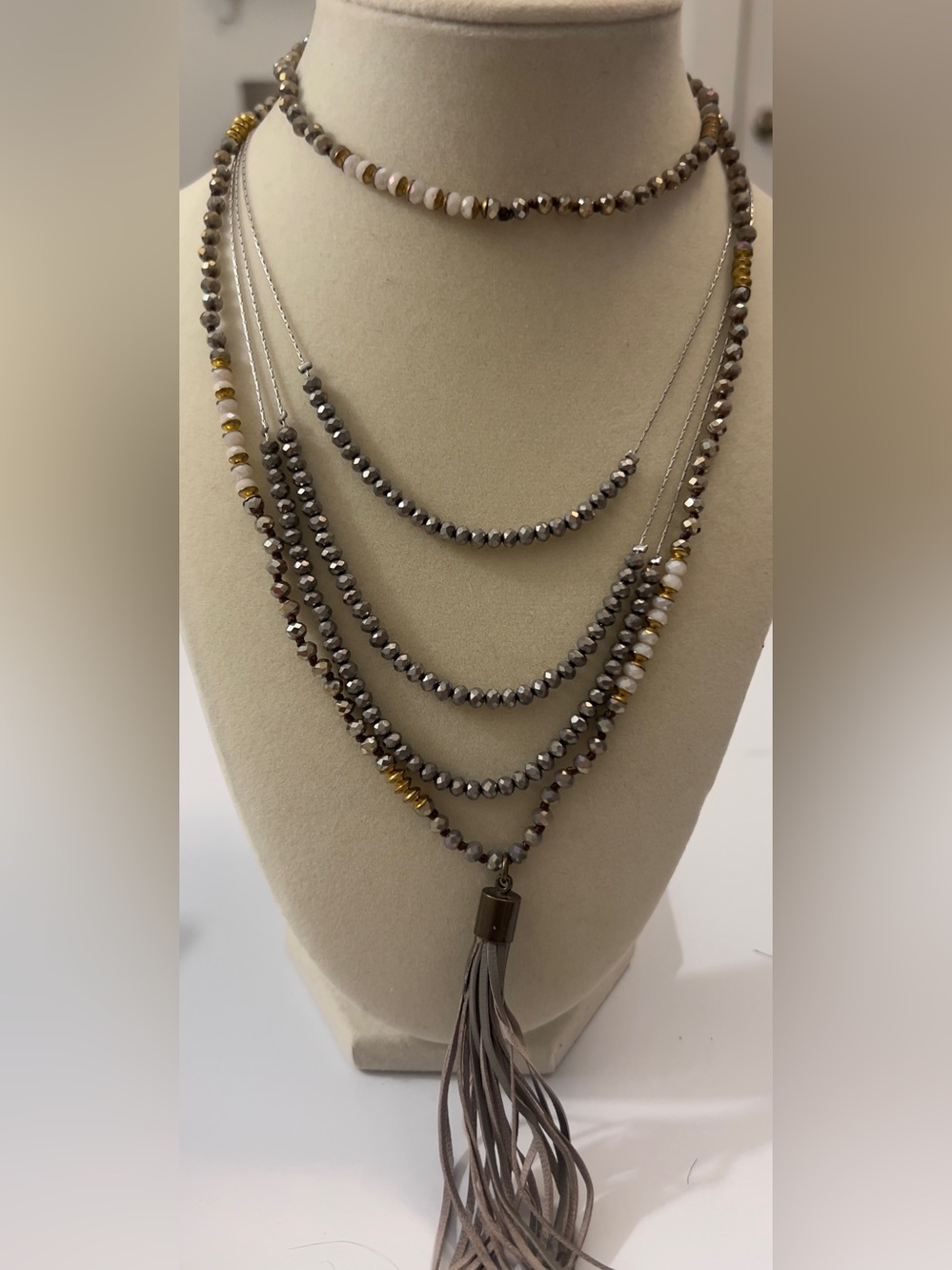Two piece necklace set. Multi-Strand Beaded Tassel & Tri Silver Beaded Necklace
